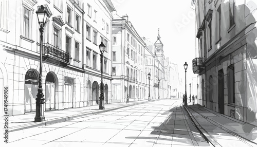 European city street with old buildings and lamp posts