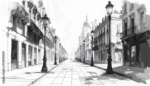 European street scene with old-fashioned lamps