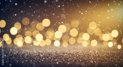 Abstract Festive Background with Golden Bokeh and Falling Snow