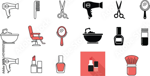 Beauty salon tools vector icons set for hairdressing and makeup art