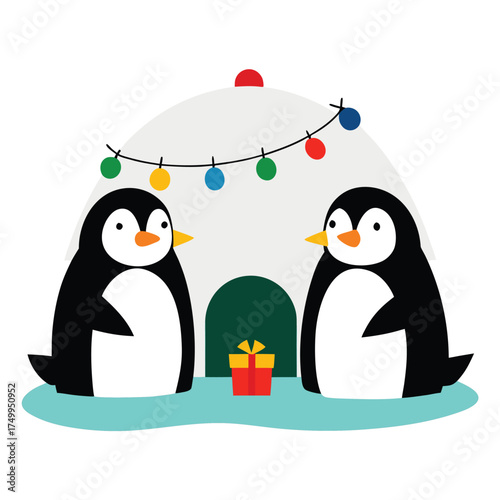 Wallpaper Mural Two penguins near igloo with festive lights and gift Torontodigital.ca