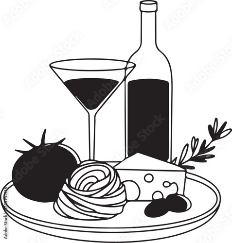 Black and white illustration of a wine bottle martini glass pasta tomato cheese and olives on a plate