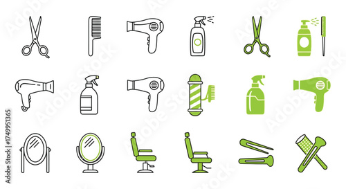 Hair salon equipment vector icons set for barbershop and hairdressing