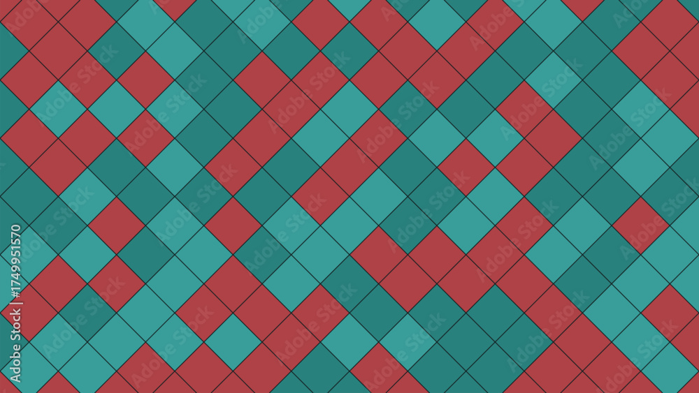 Fototapeta premium Geometric Diamond Pattern Background in Teal and Red with Black Outlines