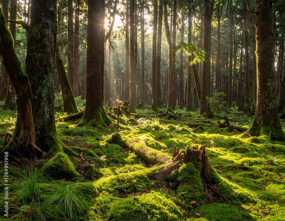 Fototapeta premium Sunlight Filters Through Lush Forest Floor.