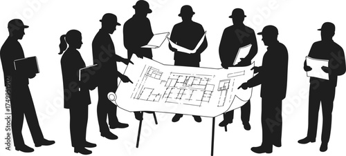 Silhouette vector of engineers and architects team discussing construction blueprints on table, teamwork and planning concept for architecture, design, and engineering project illustration