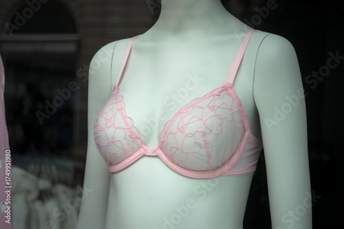 closeup of pink bra on mannequin in fashion store showroom for women