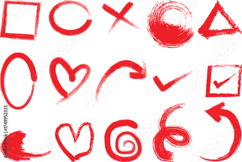 Vector art of collection of red handdrawn brush stroke shapes including a square, circle, cross, arrow, heart, triangle, and checkmark