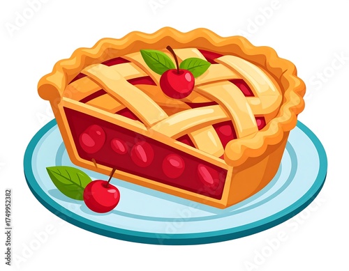 A cartoon illustration of a cherry pie on a blue plate. The crust is golden brown with a lattice design. Two cherries sit beside the pie, and a few leaves