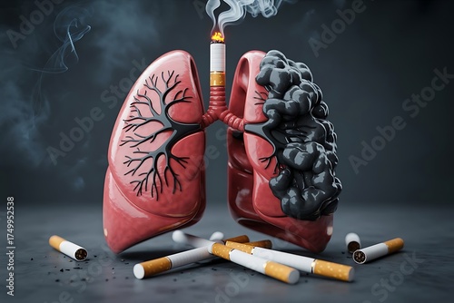 Damaged lungs with black tar and burning cigarette surrounded by discarded cigarettes