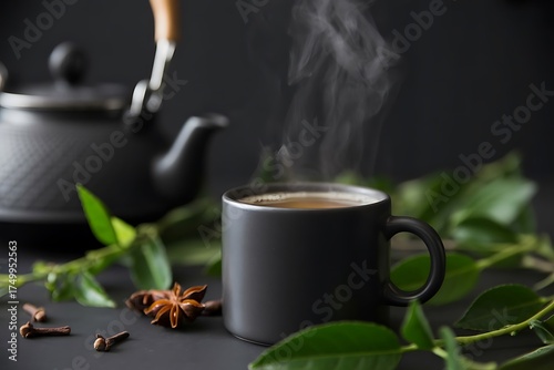 Dark grey mug of steaming hot tea next to a black teapot and spices