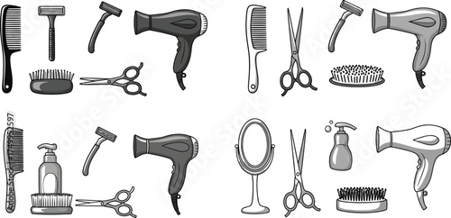 Hair salon tools vector illustration barber shop equipment collection