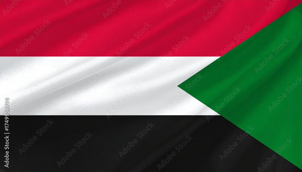 Fototapeta premium Sudan national flag with red, white, and black horizontal stripes and green triangle—symbolizing struggle, peace, identity, and prosperity.