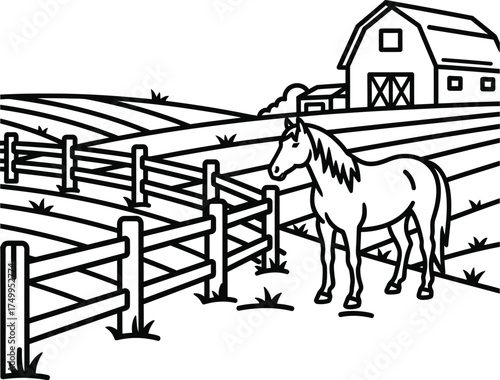 Vector art of horse in farm landscape