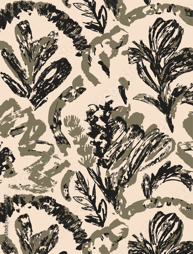 Tropical Seamless pattern with linear tropical leaves. Line art botanical background. Hand drawn vector illustration.Botanical bamboo palm seamless pattern with lush jungle leaves, organic branches, 
