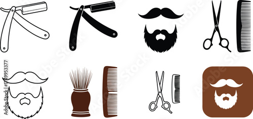 Barber shop tools and equipment vector icons for grooming and shaving