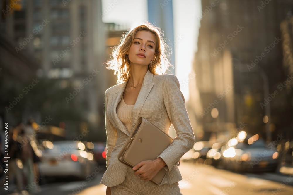 Fototapeta premium Confident Woman in Beige Suit Walking City Street at Golden Hour