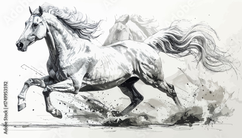 Running white horse splashing through water