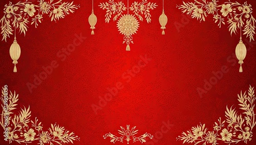 Rich red background adorned with golden floral ornaments and hanging lanterns — elegant, festive, and perfect for holiday cards or luxury seasonal designs.