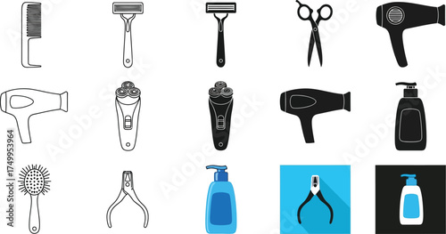Hair styling tools and grooming products for personal care vector set