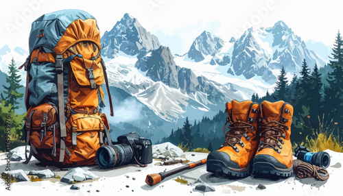 Hiking gear and mountains landscape painting