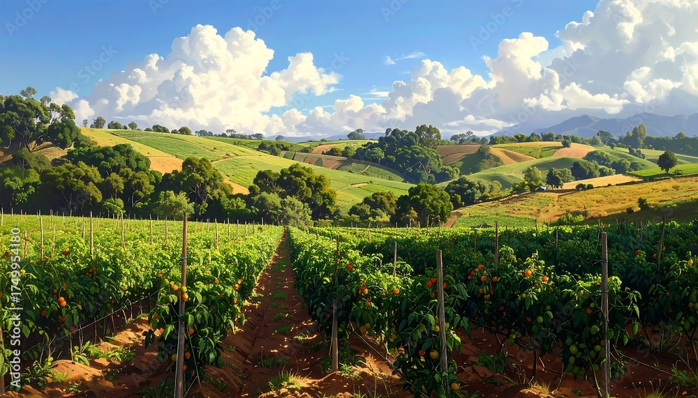Naklejka premium Vineyard Landscape Under Sunny Sky.
