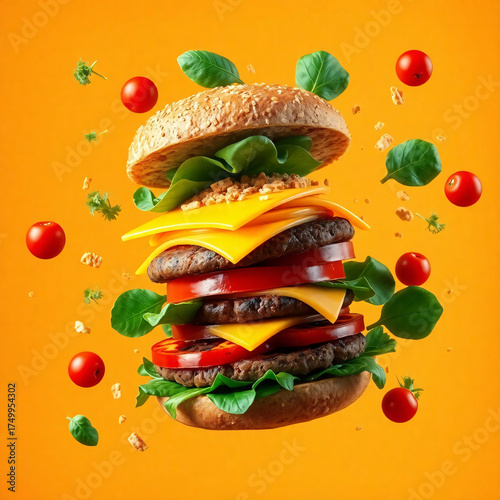 A towering veggie burger with multigrain bun, sharp cheddar, grilled mushroom patty, roasted red pepper, and crisp spinach leaves, all floating in a rich go