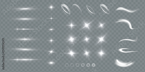 Light effects.Wind glare, explosions, shine, dust, lines, solar flares, sparks, sequins, stars, curved curls. Glow special effect of light