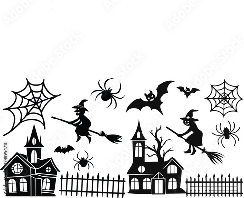 set of Halloween icons, Big set of halloween silhouettes black icon and character. Design of witch, creepy and spooky elements for halloween decorations, sketch, icon, sticker. Hand drawn vector solat