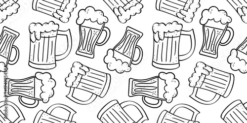hand drawn beer mugs seamless pattern monochrome line art octoberfest background black and white doodle style ale glass illustration sketch pub wallpaper