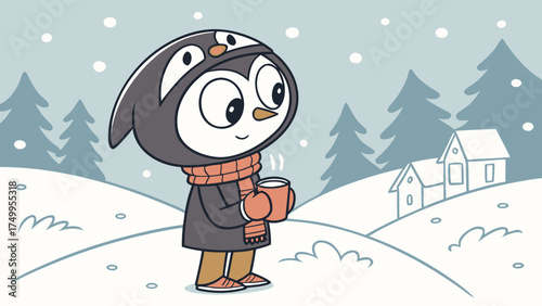 Cartoon boy with penguin mask and scarf enjoying hot chocolate in snowy scene 