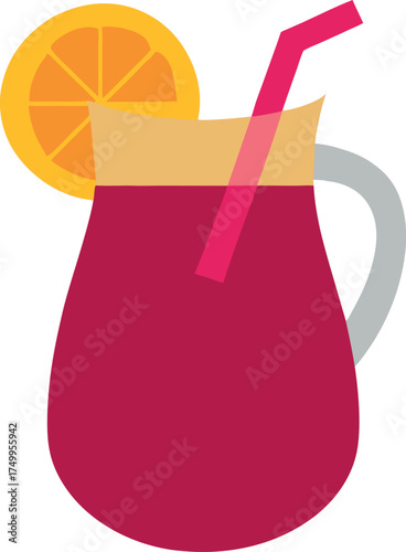 Dark Sangria Pitcher with Citrus Slice and Pink Straw Vector Illustration