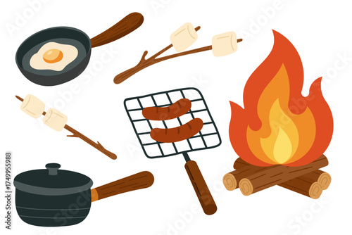 Camping cooking set with bonfire, frying pan, sausages, marshmallows, and pot. Cozy outdoor campfire cooking essentials — frying egg in a pan, grilling sausages on a grate, roasting marshmallows.