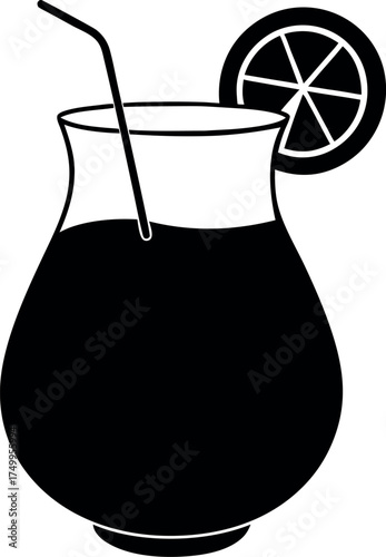Black and White Sangria Glass Icon with Citrus Slice and Straw