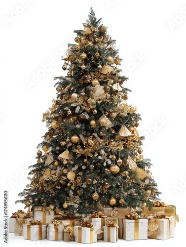 festive tree adorned with golden decorations and many gifts set against a white background
