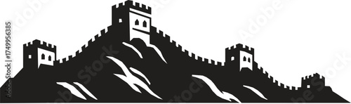 Great wall of china winding uphill black vector print shape engraving silhouette