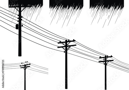 Silhouette utility poles, five pole variations, vertical rain line effect, artistic infrastructure study, power line system, electricity distribution, black outline, voltage grid