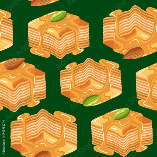 seamless pattern with delicious sweet baklava dessert traditional turkish middle eastern food made layers of filo pastry honey nuts vector