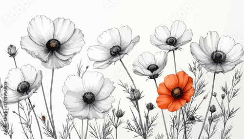 Poppy flowers in black and white with a single red bloom