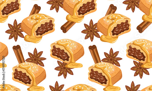 oriental dessert makroud or makrout food tile design with white isolated background continuous repeating motif for wrapping paper fabric print packaging