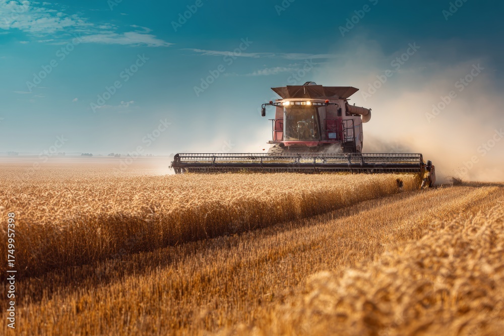 Obraz premium Modern Combine Harvester Operating in Golden Wheat Field Under Blue Sky
