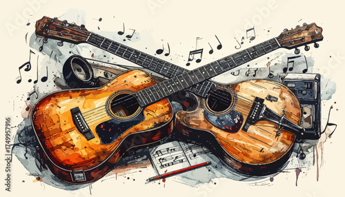 Acoustic guitars with sheet music and music notes