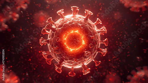 Fototapeta Naklejka Na Ścianę i Meble -  3d rendering of coronavirus particle with glowing core and spike proteins on dark background