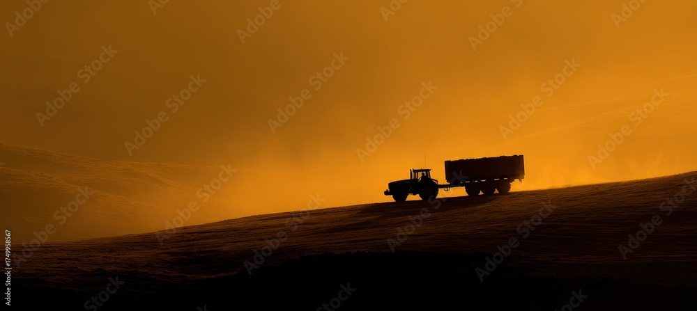 Fototapeta premium Silhouetted Tractor and Trailer on Hill at Sunrise with Golden Horizon