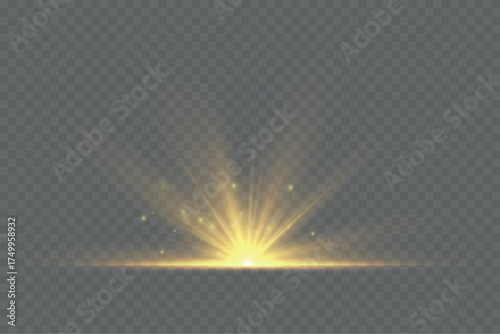 Abstract golden vertical glow. Bright explosion of light of flickering rays on transparent background. Luxury style for design and vector illustrations