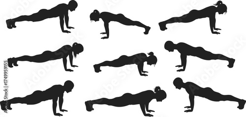 Push up exercise silhouette vector collection showing male and female workout positions, fitness training poses, and gym body strength exercise illustration design