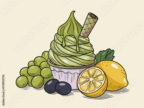 Green soft serve ice cream with grapes lemons and olives illustration dessert food