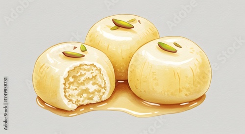 Watercolor illustration of three delicious Rasgulla sweets in syrup, garnished with pistachios.