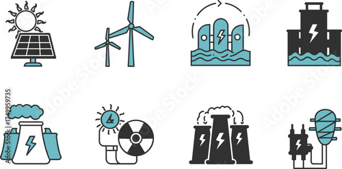 Renewable and nonrenewable energy source vector set with solar panel, wind turbine, hydroelectric dam, nuclear reactor, and power plant icon illustration design