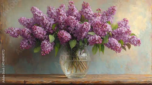 Serene still life featuring a bouquet of lilac stems arranged in a clear glass vase on a wooden table their vibrant lavender hues contrasting elegantly with the simple setting